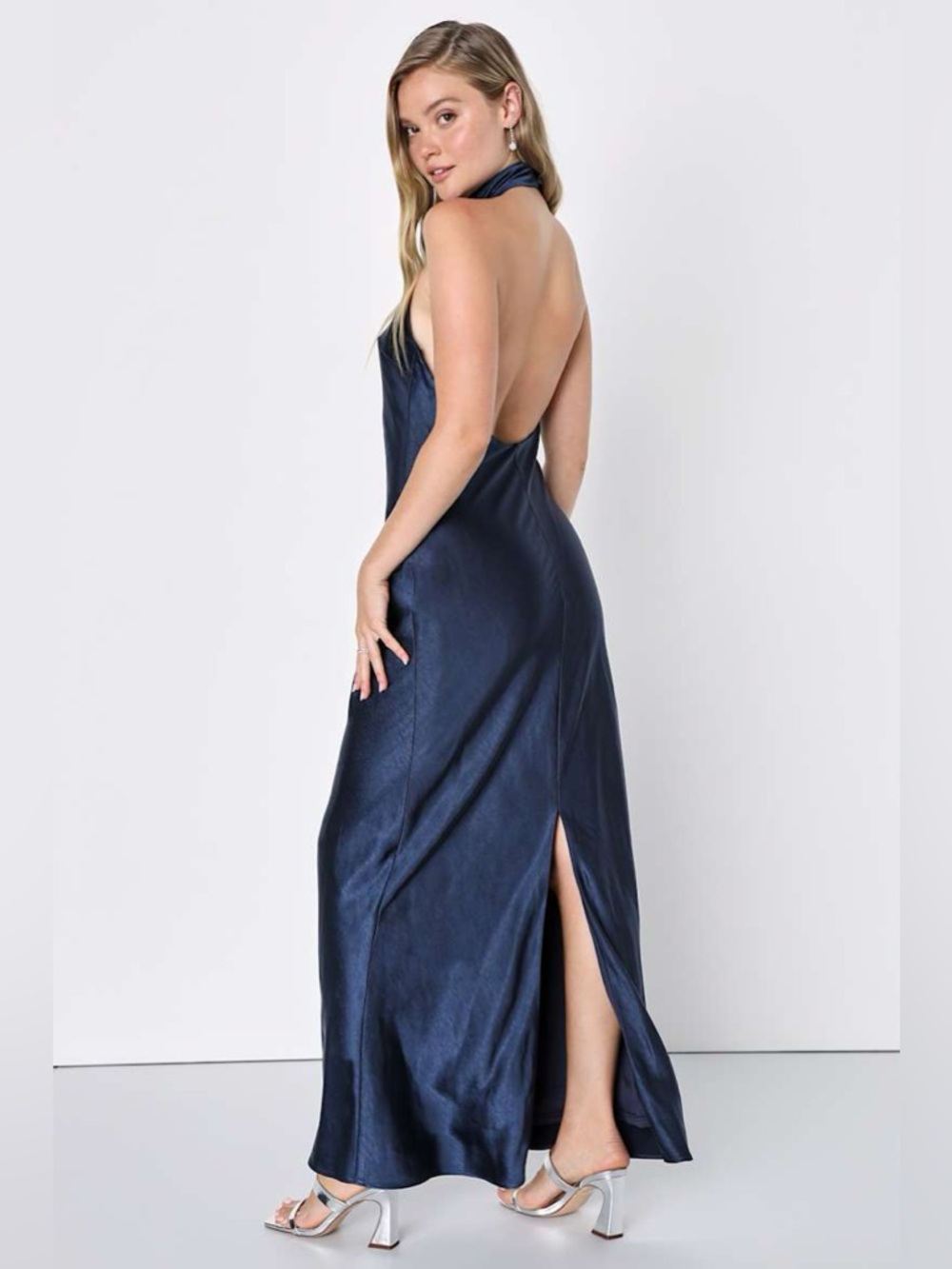 NWT Lulus Love in Your Life Satin Halter Maxi Dress Navy Blue Small - Picture 3 of 11